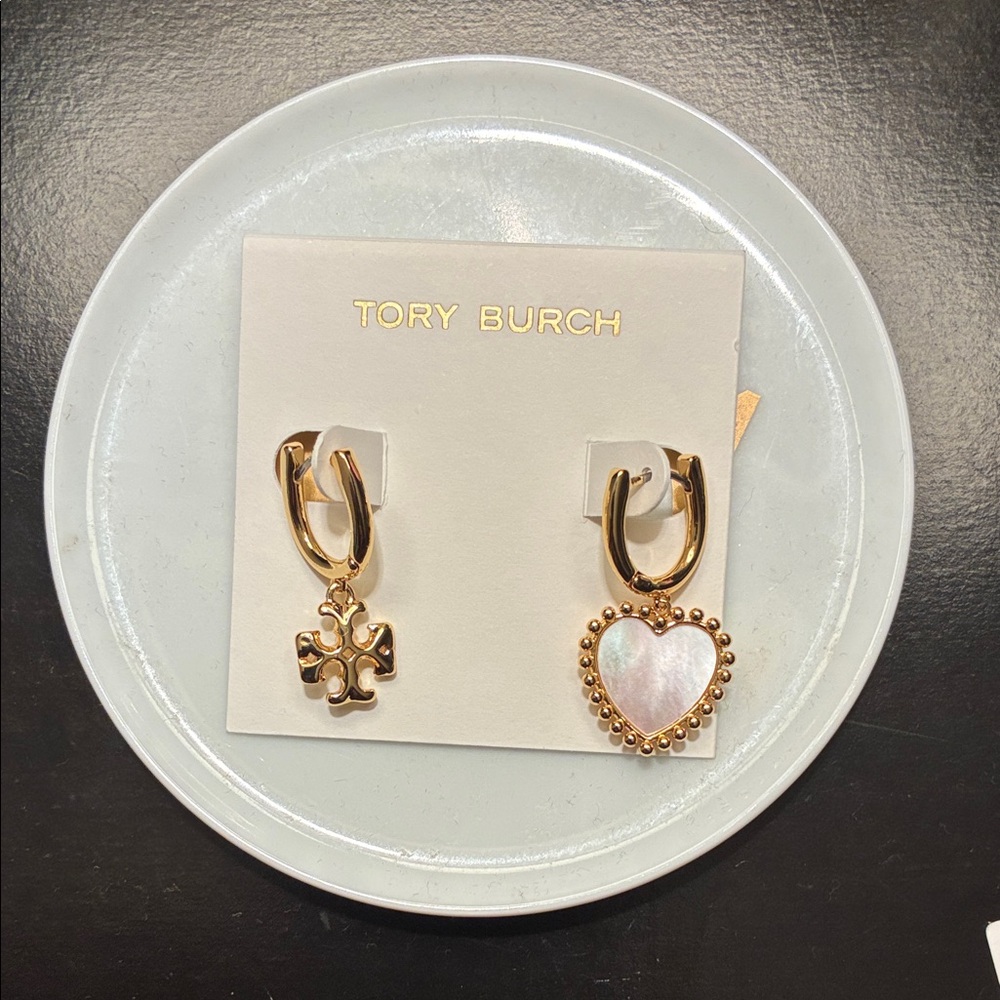 Tory Burch Gold Heart and Logo Earrings
